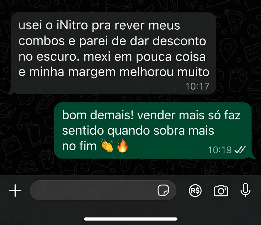 Conversa no WhatsApp. Cliente: usei o iNitro pra rever meus combos e parei de dar desconto no escuro. mexi em pouca coisa e minha margem melhorou muito. Resposta: bom demais! vender mais só faz sentido quando sobra mais no fim